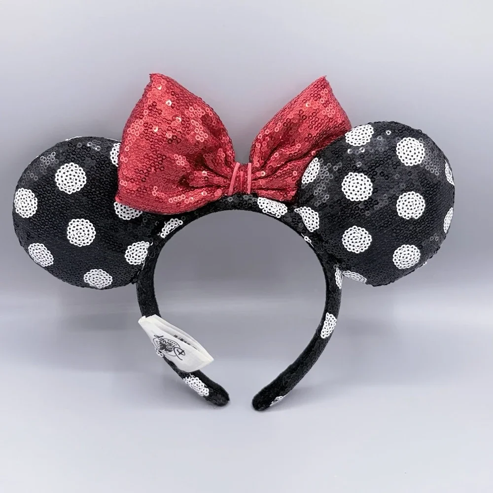 Disney Parks Minnie Mouse Sequined Black White Polka Dot Red Bow Ears Headband